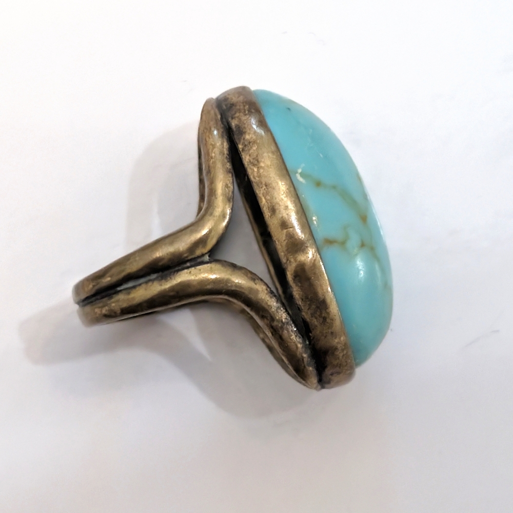 Vintage Oversized Y2K Turquoise & Gold Hallmarked Statement Ring- Size 7 - Picture 6 of 8
